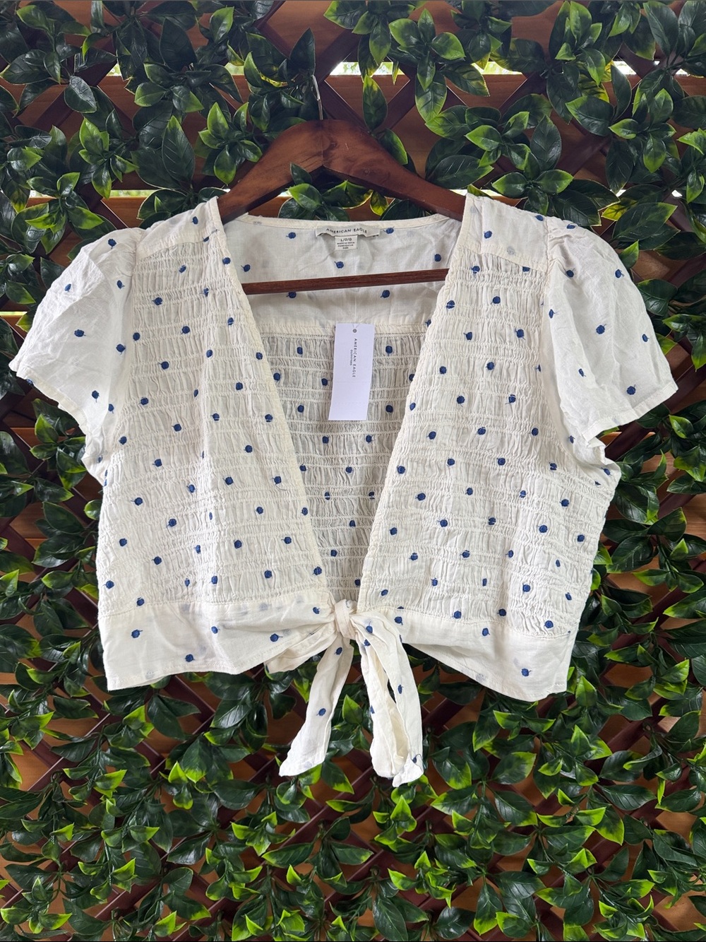 American Eagle Outfitters White Tie-Front Smocked Top with Blue Dots NWT
